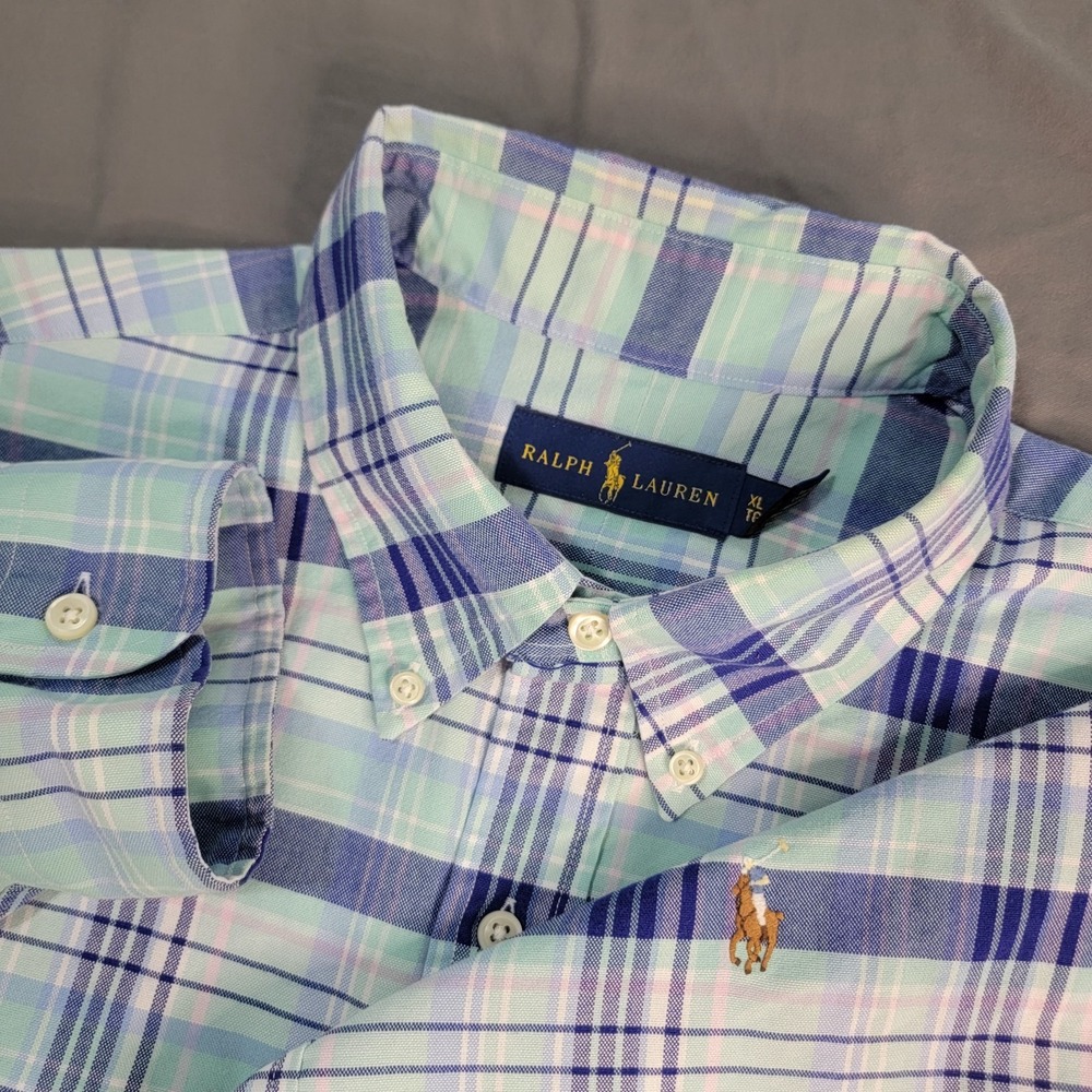 Ralph Lauren Button Down Long Sleeve Shirt Men's XL Blue Plaid Flesh Pony Easter